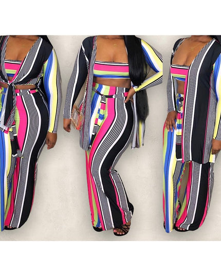 New Sexy Stripe 3 Piece Wide Leg Pant Set