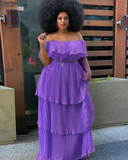 Plus Size Solid Color Off Shoulder Tiered Dress
