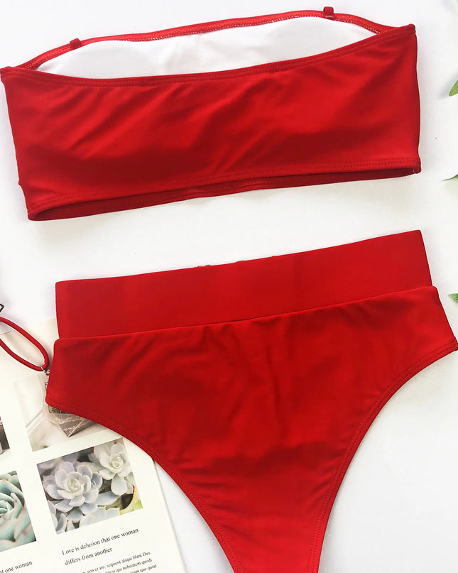 Chic Metal Buckle Strapless Bikini Swimsuit for Women