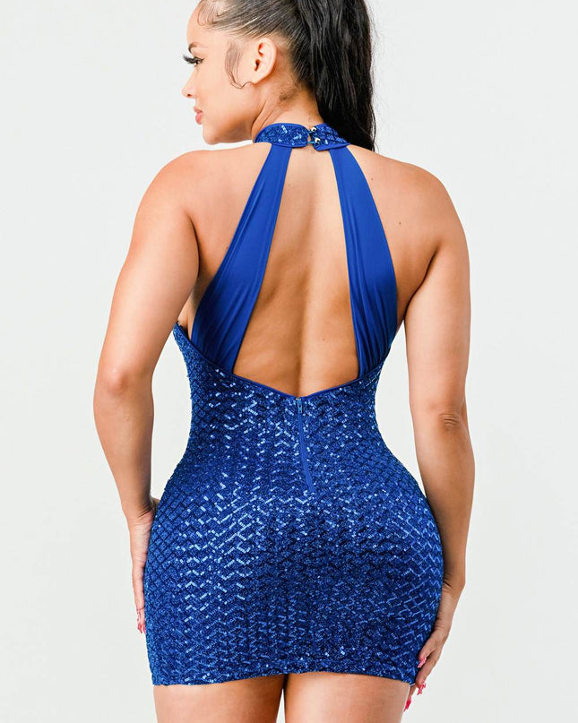 LUX SEQUINS HALTER OPEN BACK SLEEVELESS BODYCON MINI DRESS