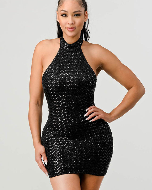 LUX SEQUINS HALTER OPEN BACK SLEEVELESS BODYCON MINI DRESS