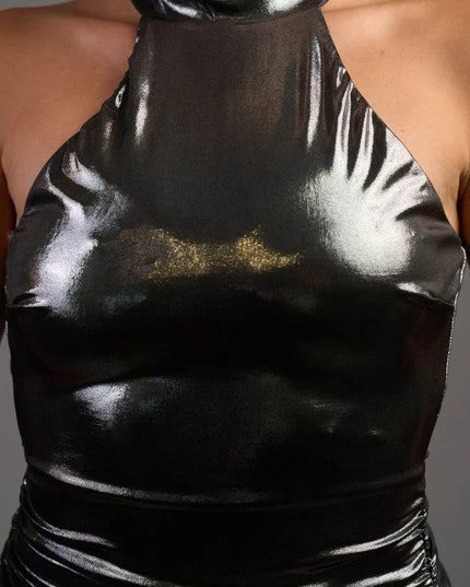 CHIC METALLIC SHINY SLINKY HALTER SLIT MIDI DRESS
