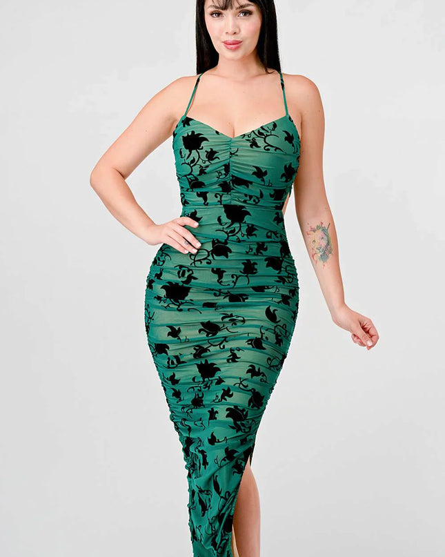 CLASSY MESH VELVET FLOCKING SIDE SLIT DRAWSTRING BACK BODYCON MIDI DRESS