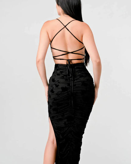 CLASSY MESH VELVET FLOCKING SIDE SLIT DRAWSTRING BACK BODYCON MIDI DRESS