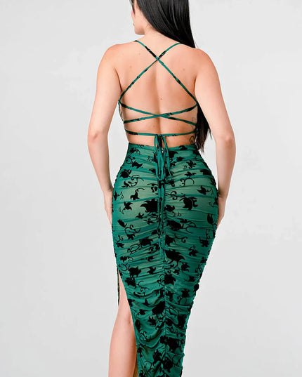 CLASSY MESH VELVET FLOCKING SIDE SLIT DRAWSTRING BACK BODYCON MIDI DRESS