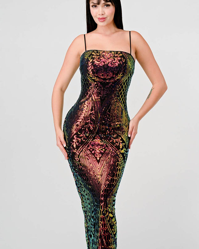 ENCHANTING PATTERN SEQUINS EMBELLISHED BACK SLIT MIDI DRESS