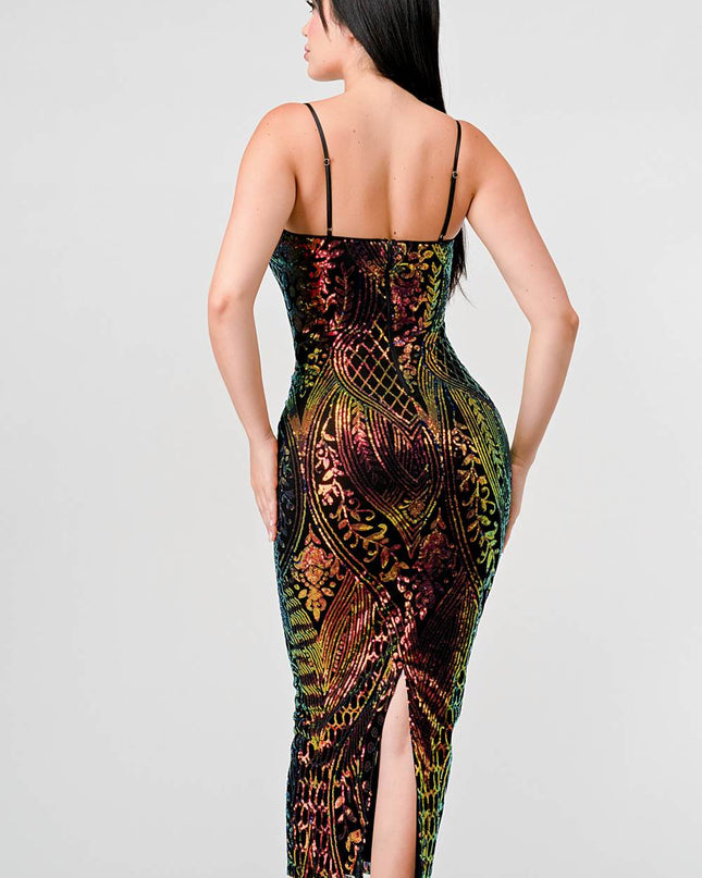 ENCHANTING PATTERN SEQUINS EMBELLISHED BACK SLIT MIDI DRESS