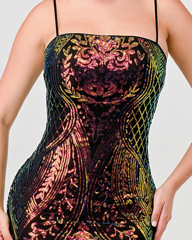 ENCHANTING PATTERN SEQUINS EMBELLISHED BACK SLIT MIDI DRESS