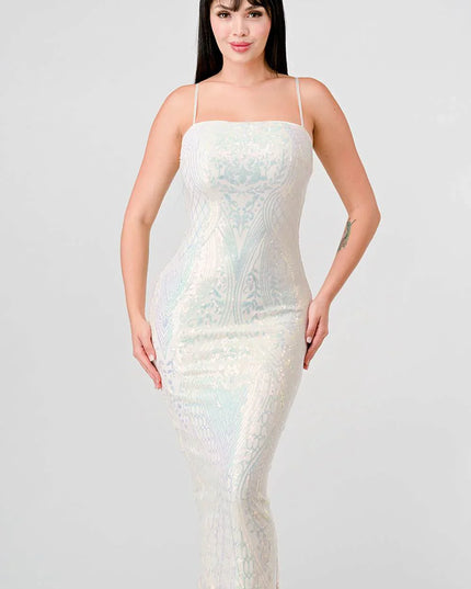 ENCHANTING PATTERN SEQUINS EMBELLISHED BACK SLIT MIDI DRESS