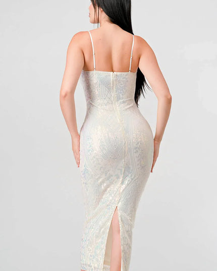 ENCHANTING PATTERN SEQUINS EMBELLISHED BACK SLIT MIDI DRESS