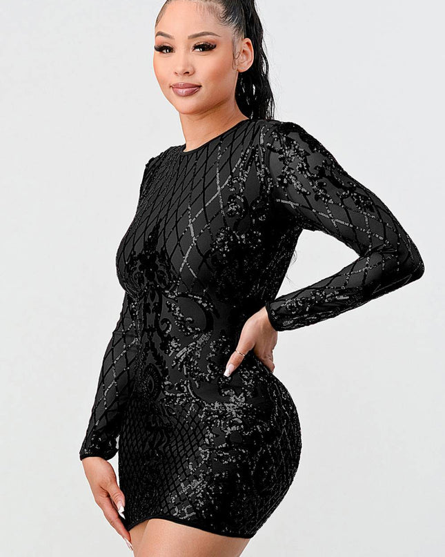 LUX GEO FLORAL SEQUINS BODYCON MINI DRESS
