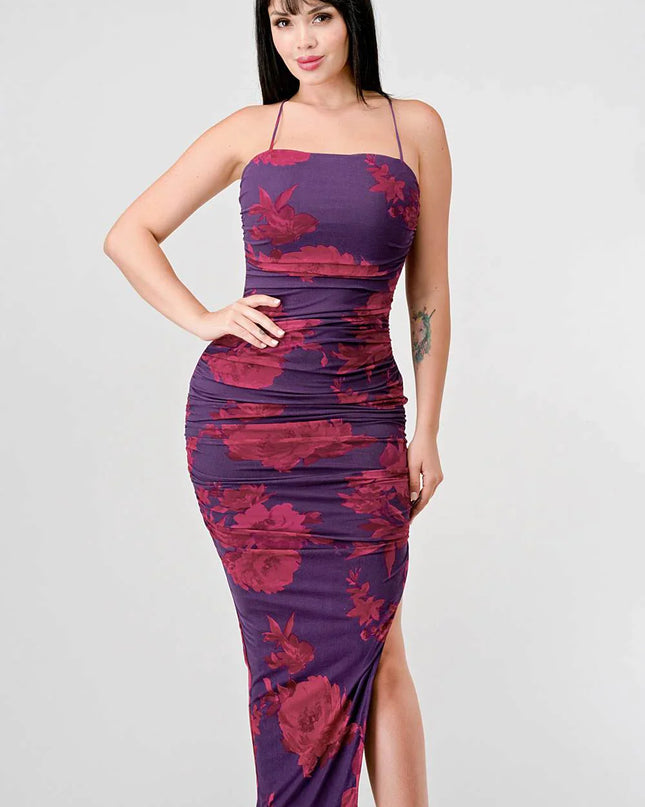 FLORAL PRINT MESH SIDE SLIT DRAWSTRING BACK SLITTED BODYCON MIDI DRESS