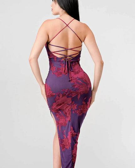 FLORAL PRINT MESH SIDE SLIT DRAWSTRING BACK SLITTED BODYCON MIDI DRESS