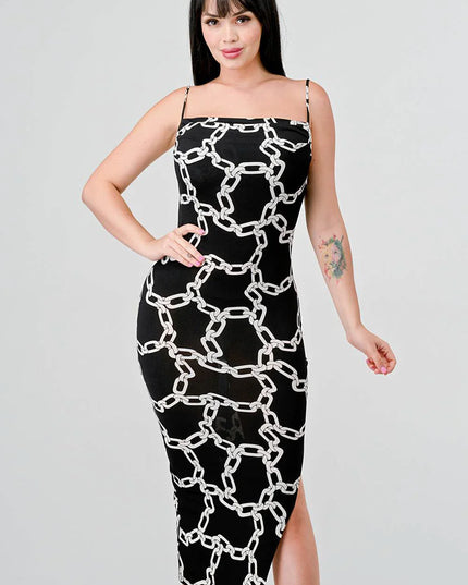 CHIC ALL OVER CHAIN PRINTED SIDE SLIT MIDI DRESS