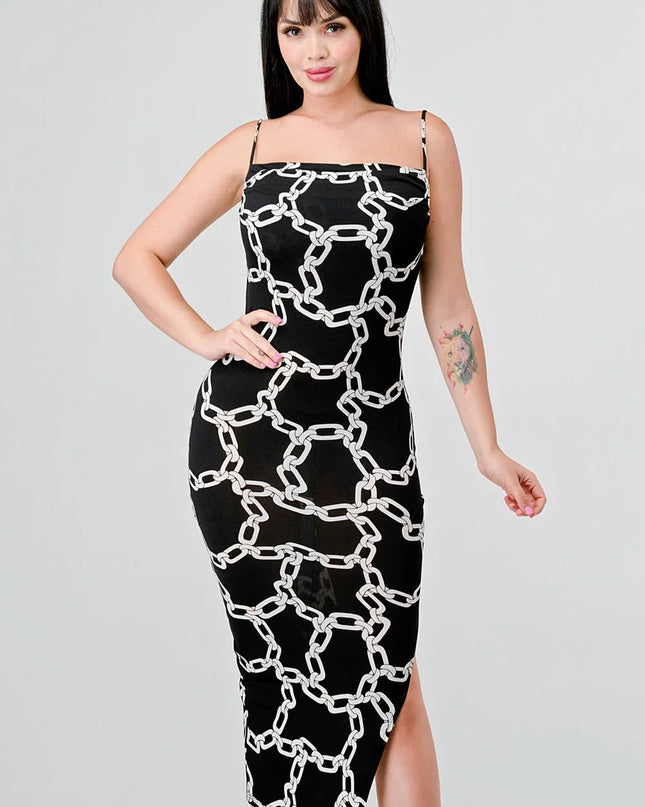CHIC ALL OVER CHAIN PRINTED SIDE SLIT MIDI DRESS
