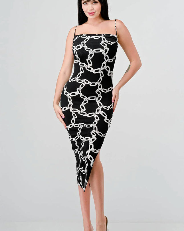 CHIC ALL OVER CHAIN PRINTED SIDE SLIT MIDI DRESS