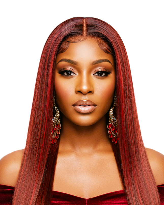 Dark Auburn Straight Human Hair 24' Lace Closure Wigs With Baby Hair