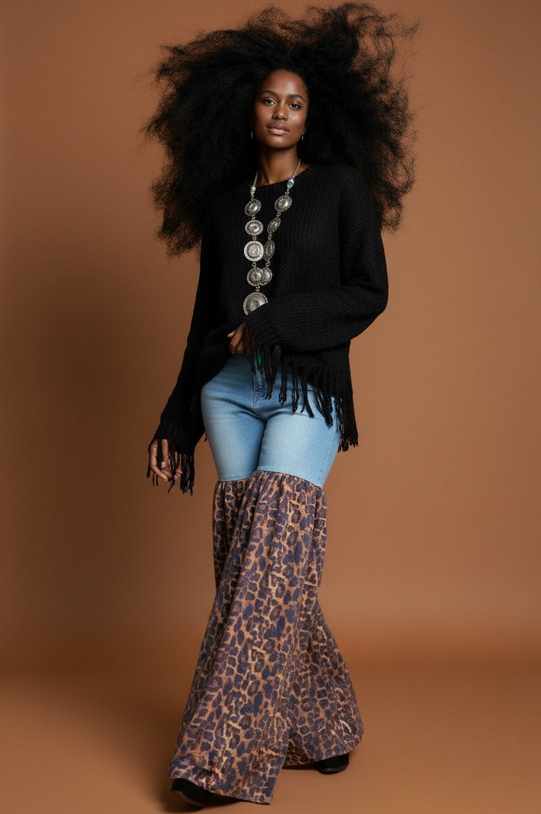 Distressed Light Denim Animal Print Palazzo Wide Leg Jeans