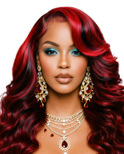 Red Rose Black 24' Highlights Body Wave Human Black Lace Front Human Hair Wigs