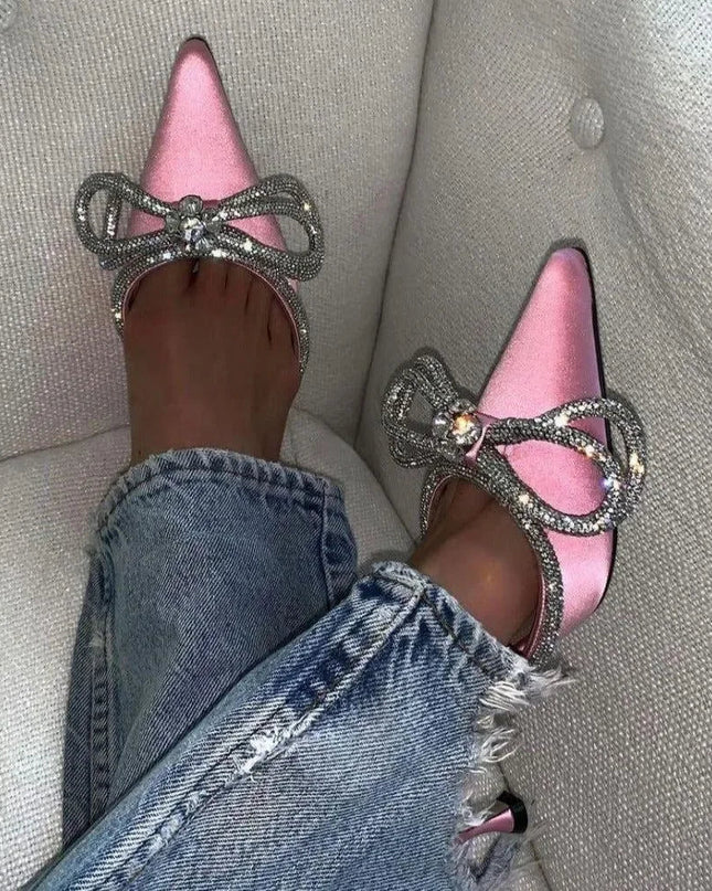Sugarcoat Pink Satin Pumps with Double Bow Crystals