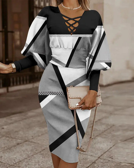 Elegant Women's V-Neck Long Sleeve Pencil Dress