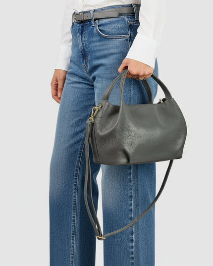 Italian Calf Leather Top-Handle Bag - Grey Pebbled Texture