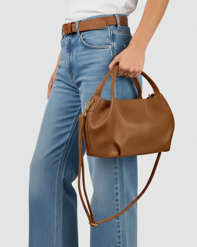 Brown pebbled leather Italian crossbody top-handle bag for women | Pretty Melanin Boutique