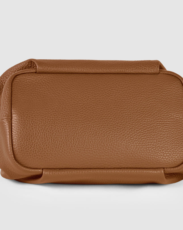 Bottom view of a brown pebbled calfskin leather top-handle bag from Italy, Pretty Melanin Boutique