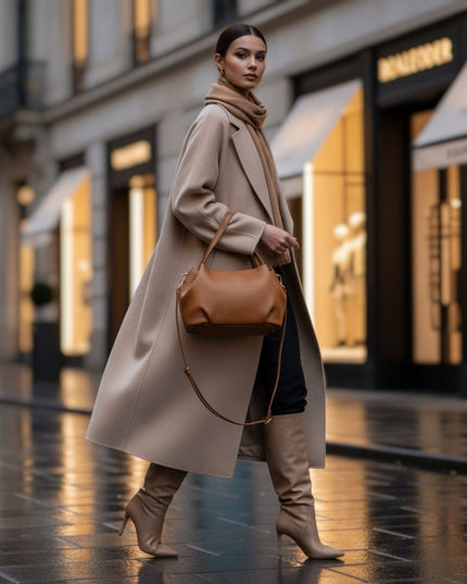Stylish woman in camel coat carrying luxury brown Italian calf leather top-handle handbag