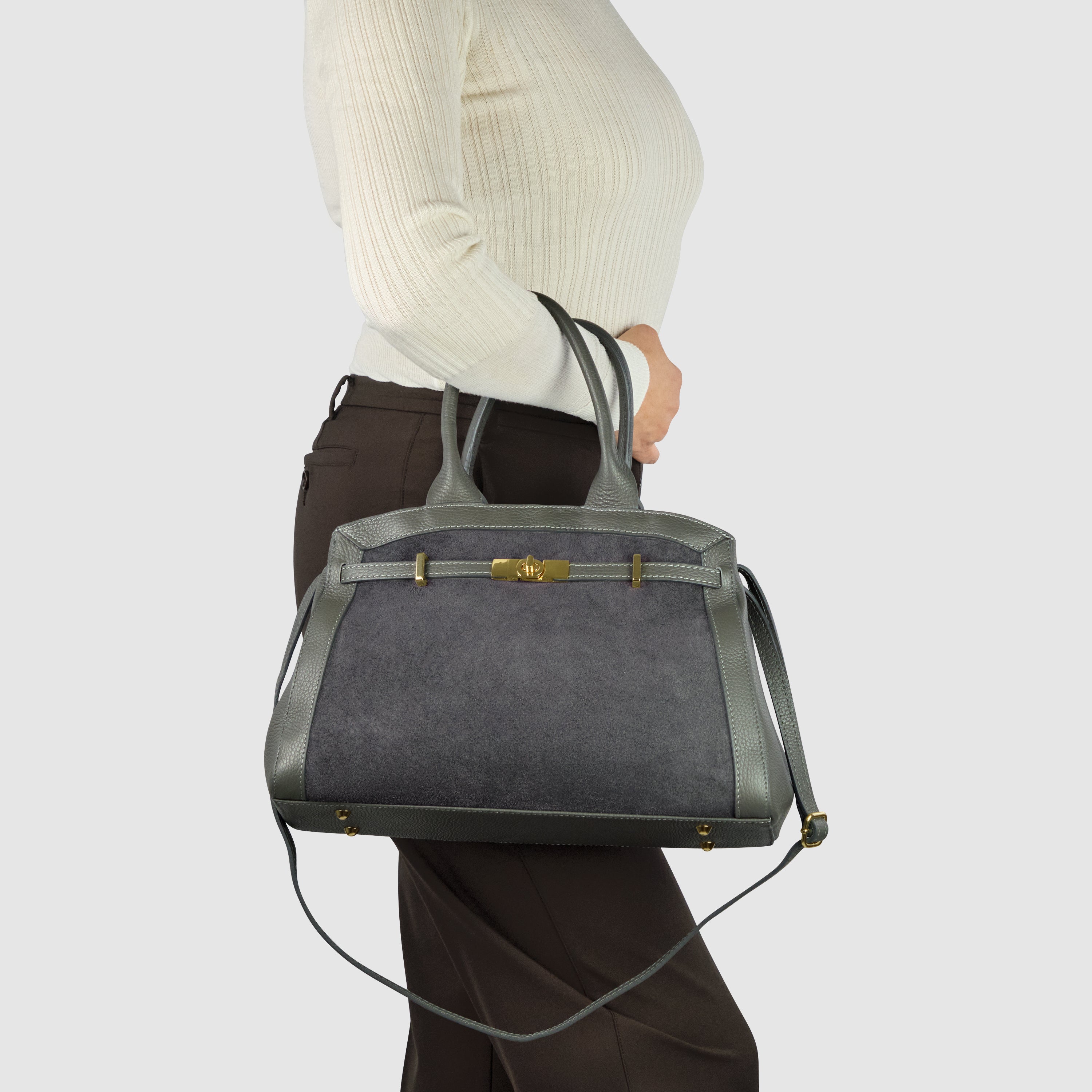 Calf & Suede Leather Top-Handle Bag