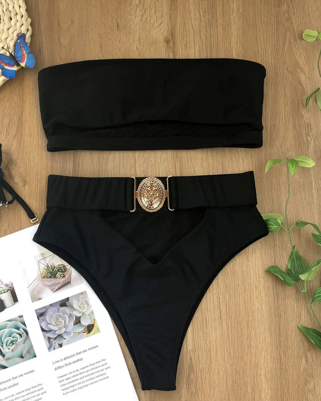 Chic Metal Buckle Strapless Bikini Swimsuit for Women