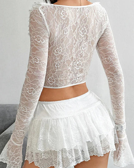Romantic Ruffled Lace Long Sleeve Corset Top