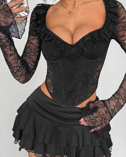 Romantic Ruffled Lace Long Sleeve Corset Top