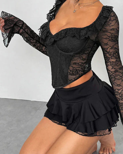 Romantic Ruffled Lace Long Sleeve Corset Top