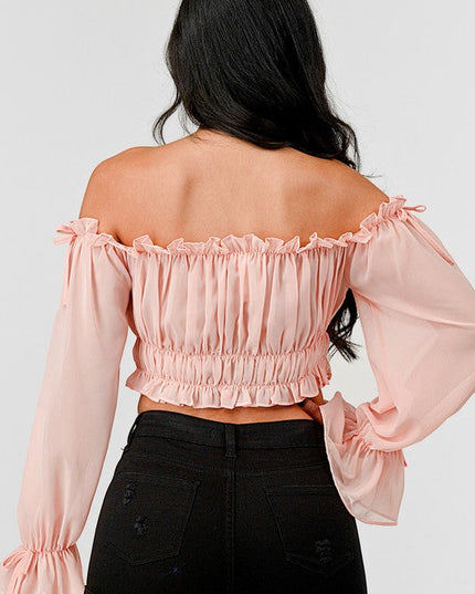 Off Shoulder Ruffle Trim Knot Sleeve Crop Top