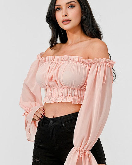 Off Shoulder Ruffle Trim Knot Sleeve Crop Top