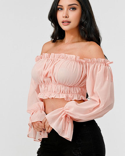 Off Shoulder Ruffle Trim Knot Sleeve Crop Top