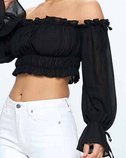 Off Shoulder Ruffle Trim Knot Sleeve Crop Top