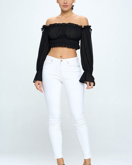 Off Shoulder Ruffle Trim Knot Sleeve Crop Top
