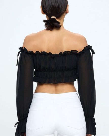 Off Shoulder Ruffle Trim Knot Sleeve Crop Top