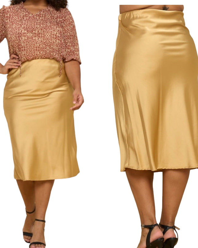 Women's Gold Plus Size Midi Satin Skirt