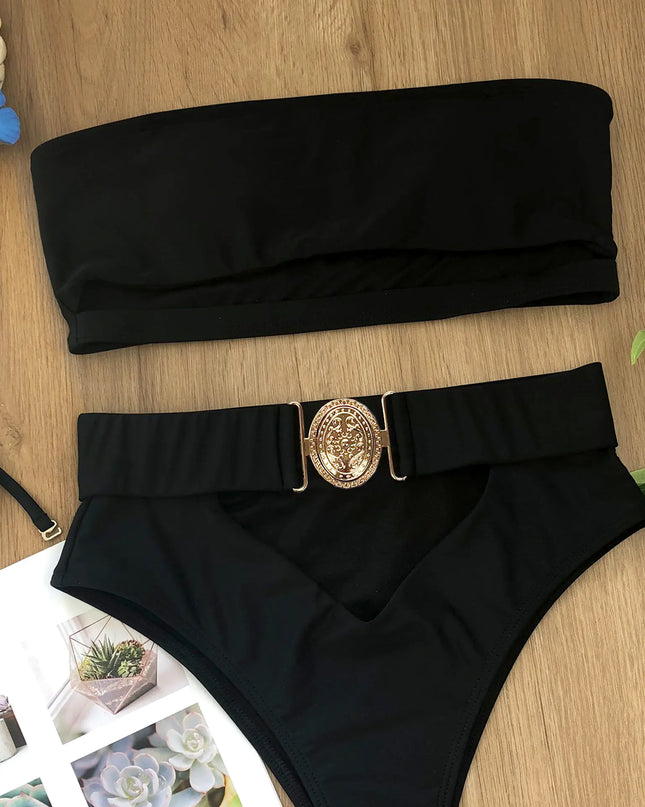Chic Metal Buckle Strapless Bikini Swimsuit for Women
